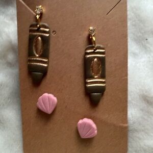 Crayon Teacher & Pink Shell Handmade Polymer Clay Earrings